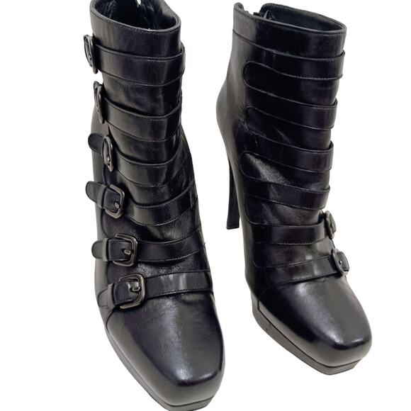 Stuart Weitzman Glam Moto Ankle Boots Sz 7.5 Black Buckle Rocker Punk Gothic - Picture 2 of 16